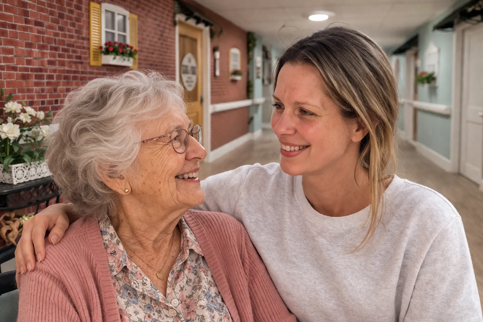 A caregiver with her arm around a smiling resident at Front Porch of Bowdon